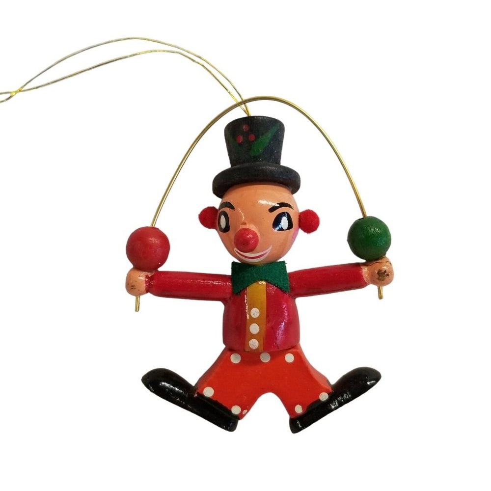 Vintage Wooden Christmas Ornament Clown SSCO Circus Holiday decor Wood Juggle